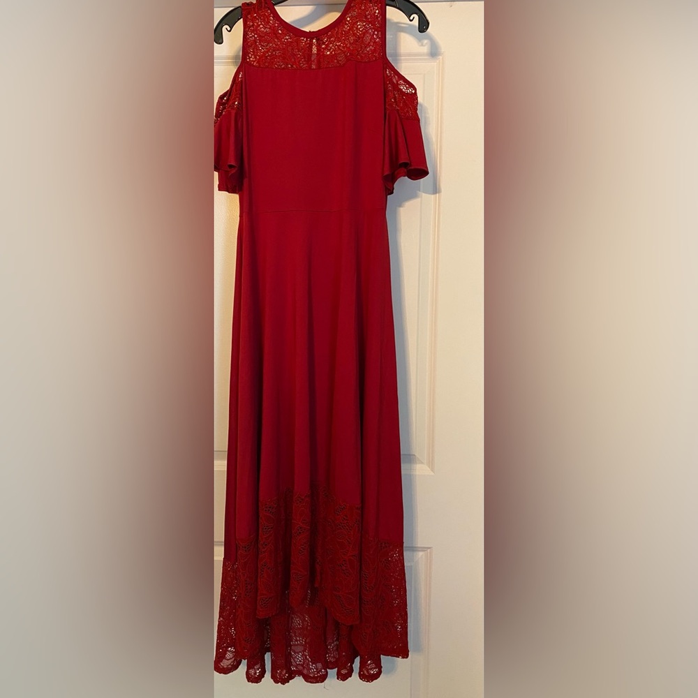 Women's Red Midi Cold-Shoulder Dress Lace SS Hi-Lo Hem Size Large